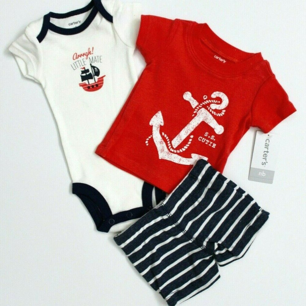Carter's Boys' 3-Pc Short Sleeve Nautical Bodysuit, Shirt and Striped Shorts